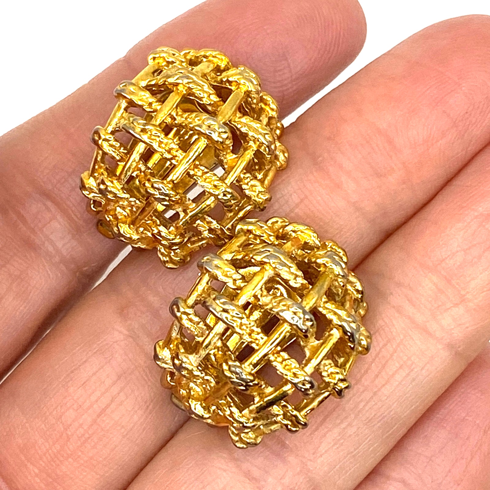Vtg M&S Marks Spencer Gold Tone Basketweave Half Hoop Clip On Earrings Woven